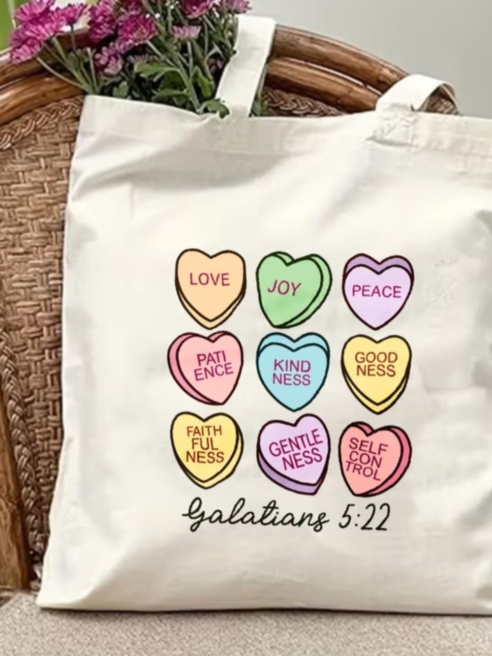 Canvas Tote Bag with Pastel Heart Print - Galatians 5:22